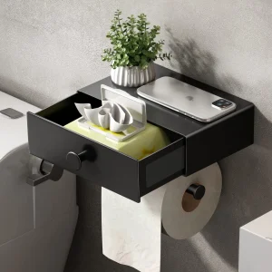 Voldra Black Toilet Paper Holder with Shelf Bathroom Storage Upgrade